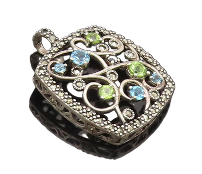 925 Sterling Silver Vintage Pendant Beaded Frame Topaz Peridot Swirls  PT22512