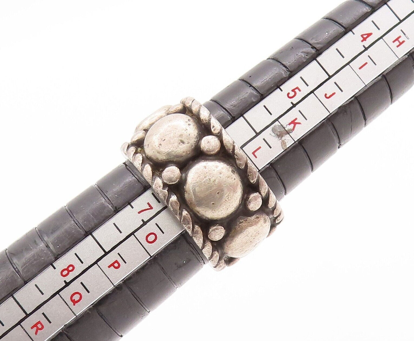 925 Sterling Silver Vintage Ring Large Beads Carved Roped Border  Sz 6  RG28643