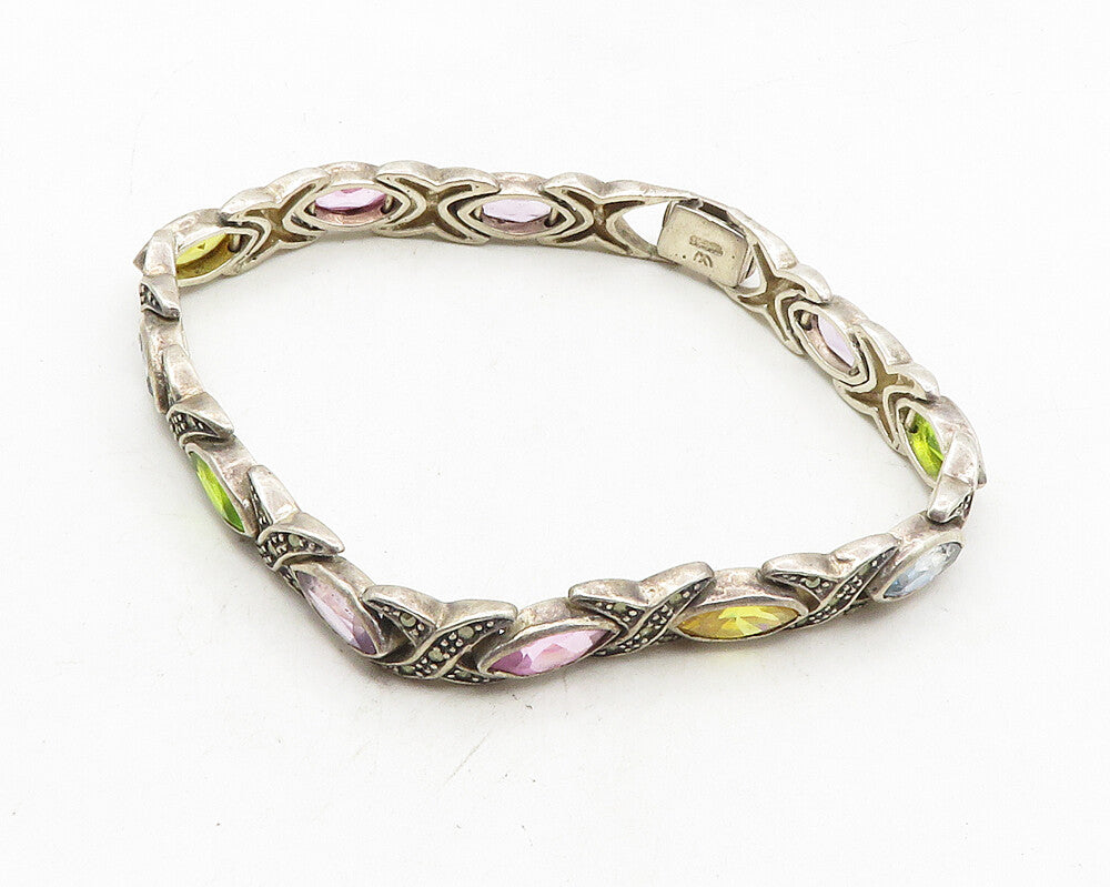 925 Sterling Silver Vintage Amethyst & Multi Stone Chain Bracelet BT4347