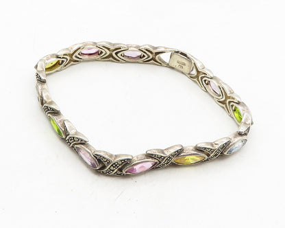 925 Sterling Silver Vintage Amethyst & Multi Stone Chain Bracelet BT4347