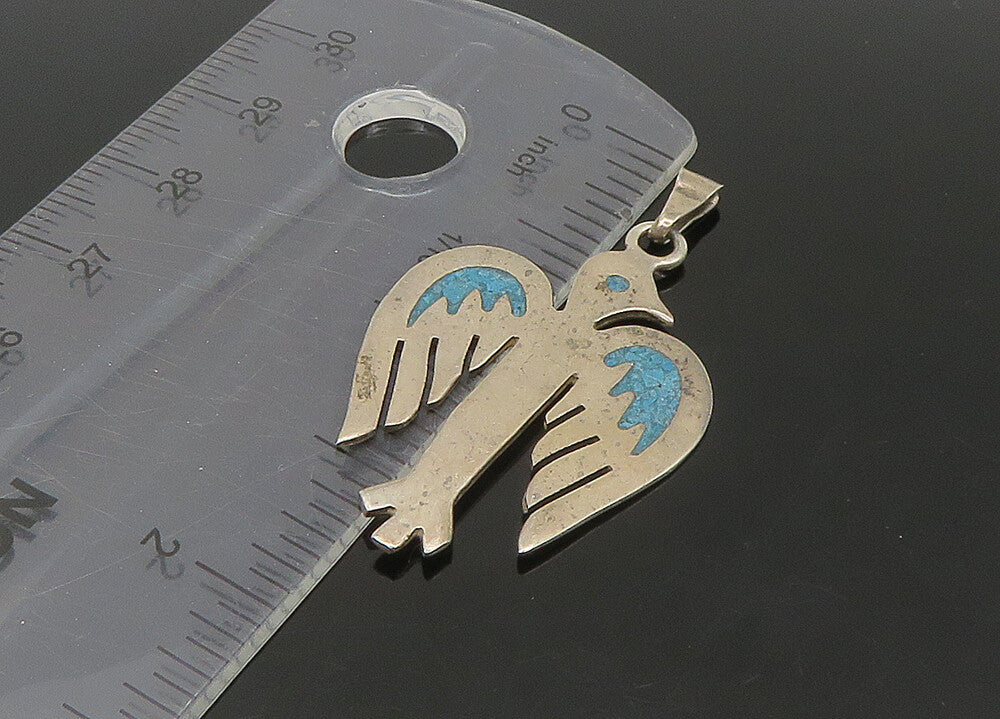 MEXICO 925 Sterling Silver Vintage Inlaid Turquoise Bird Motif Pendant PT18571