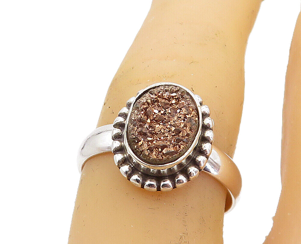 925 Sterling Silver  Druzy Stone Fluted Trim Shiny Band Ring Sz 7  RG8234