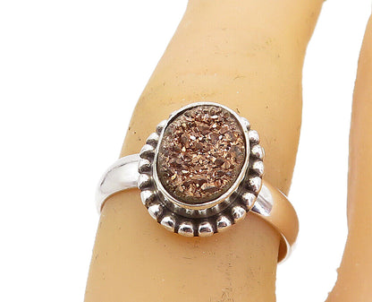 925 Sterling Silver  Druzy Stone Fluted Trim Shiny Band Ring Sz 7  RG8234