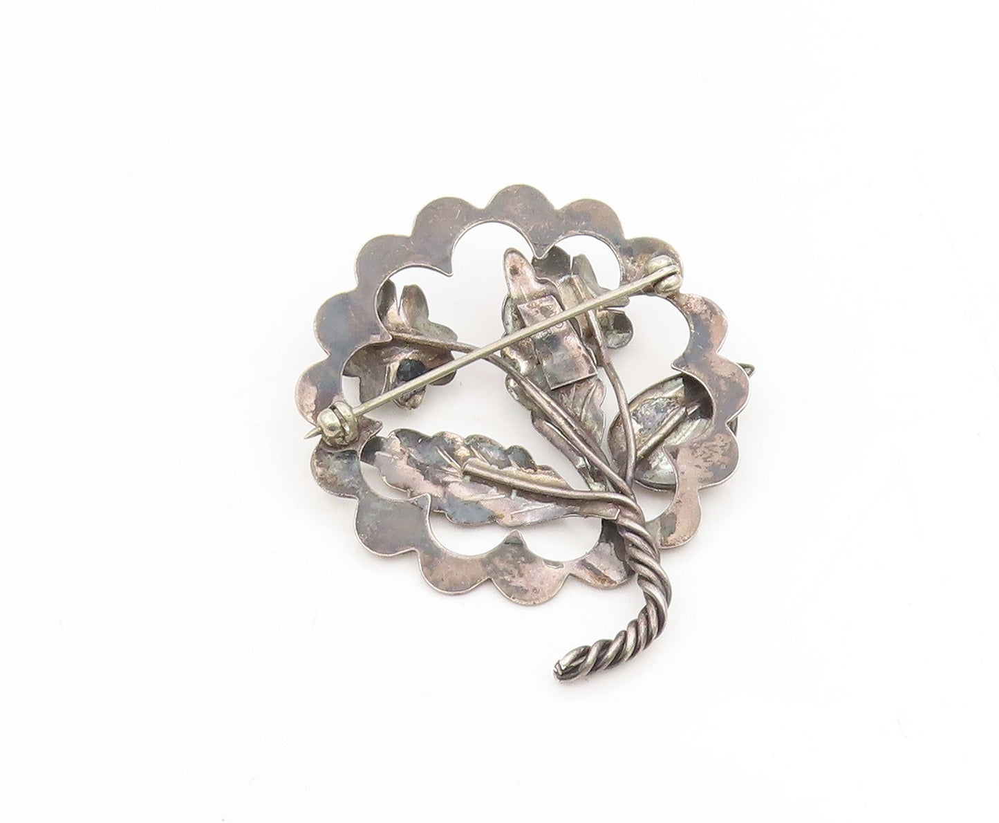 925 Sterling Silver Vintage Brooch Elegant Twisted Stem Floral Blossom  BP12251