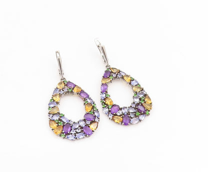 925 Sterling Silver Vintage Earrings Multi Gemstone Teardrop Cluster  EG13854