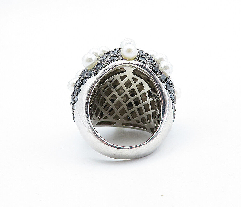 925 Sterling Silver  Pearls & Hematite Modernist Cocktail Ring Sz 7.5  RG6631