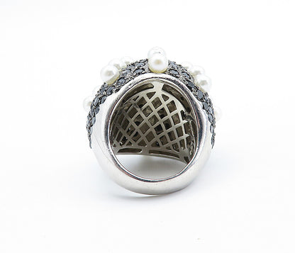 925 Sterling Silver  Pearls & Hematite Modernist Cocktail Ring Sz 7.5  RG6631