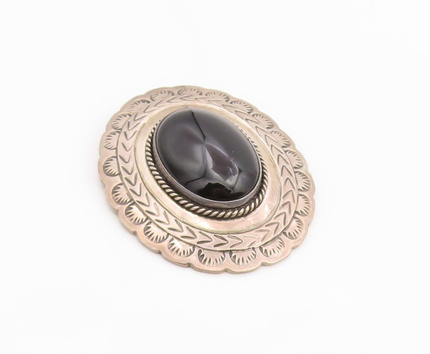 925 Sterling Silver Vintage Brooch Pin Cabochon Black Onyx  BP12346