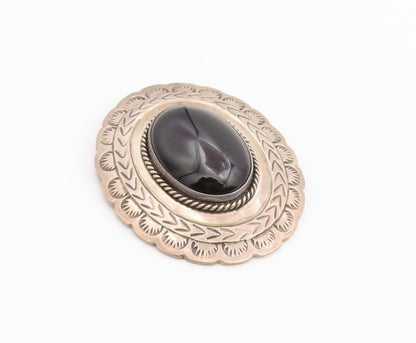 925 Sterling Silver Vintage Brooch Pin Cabochon Black Onyx  BP12346