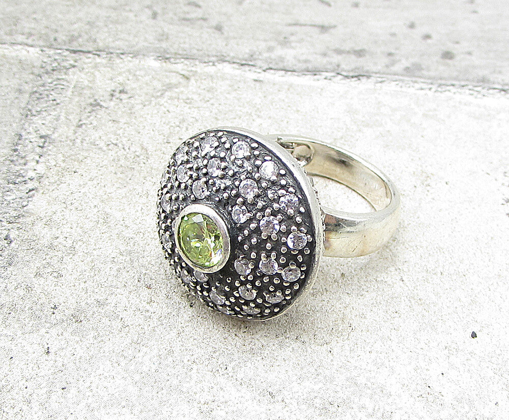 925 Silver  Peridot Cubic Zirconia & Marcasite Round Shield Ring Sz 7  RG1940