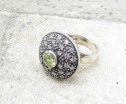 925 Silver  Peridot Cubic Zirconia & Marcasite Round Shield Ring Sz 7  RG1940