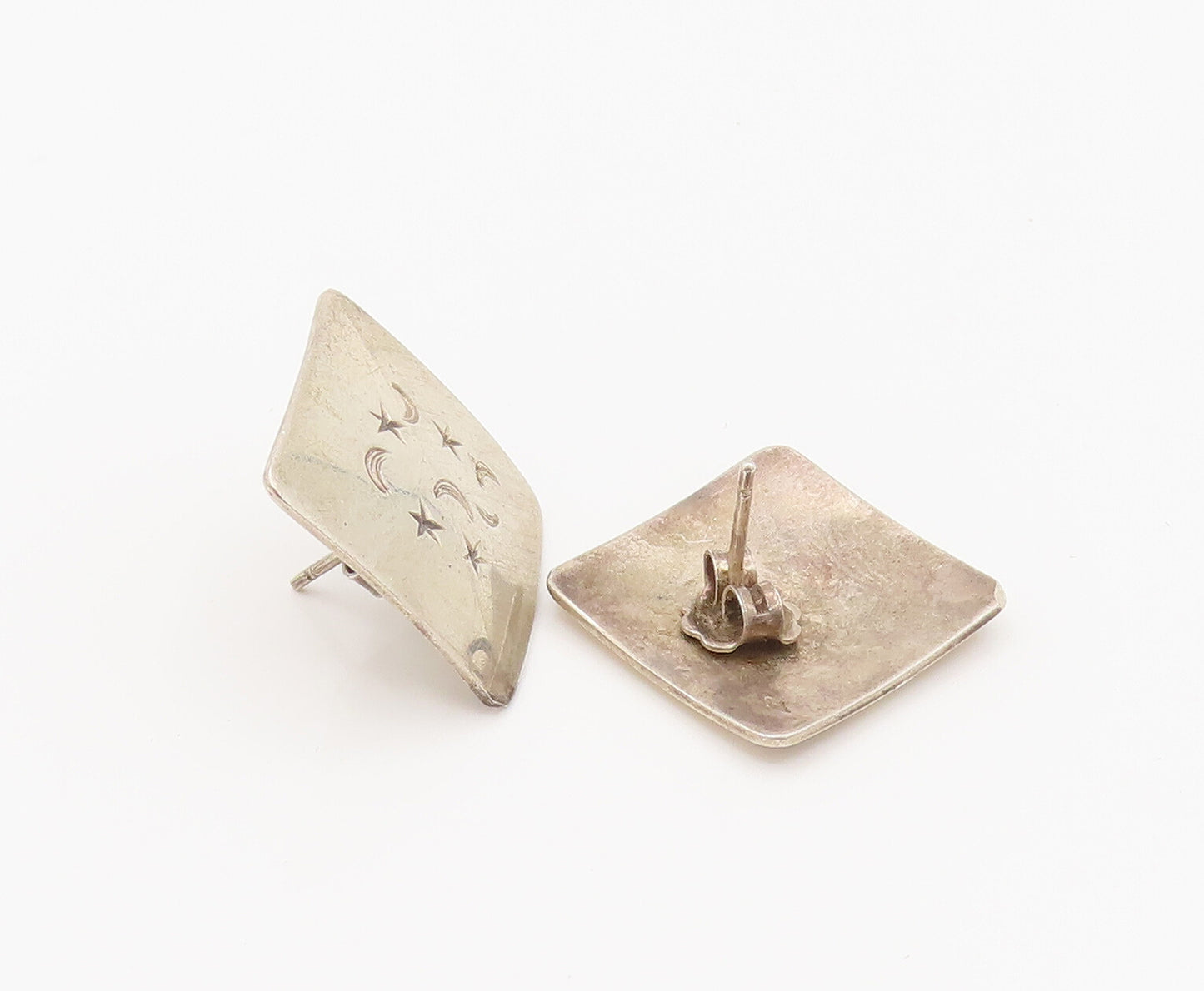 925 Sterling Silver Vintage Engraved Crescent Moon Stars Square Earrings EG12352