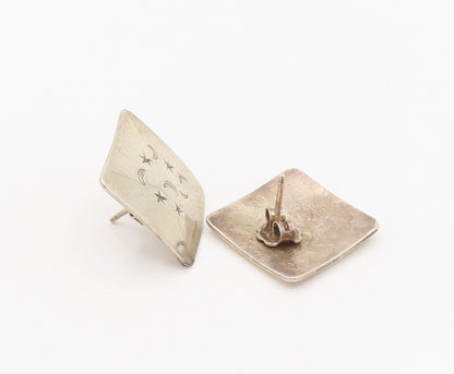 925 Sterling Silver Vintage Engraved Crescent Moon Stars Square Earrings EG12352
