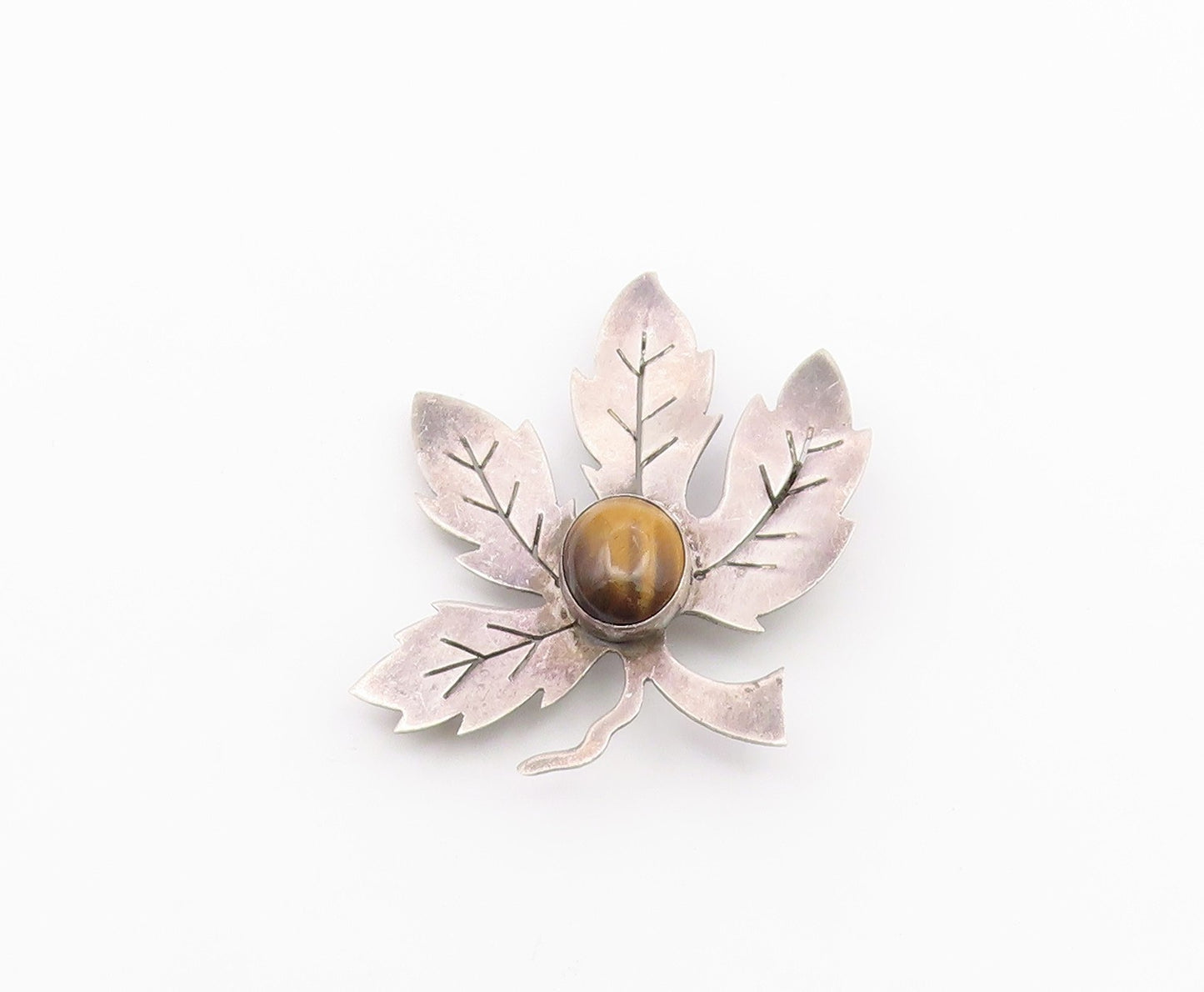 ISRAEL 925 Sterling Silver  Vintage Tiger's Eye Carved Leaf Brooch Pin  BP9402