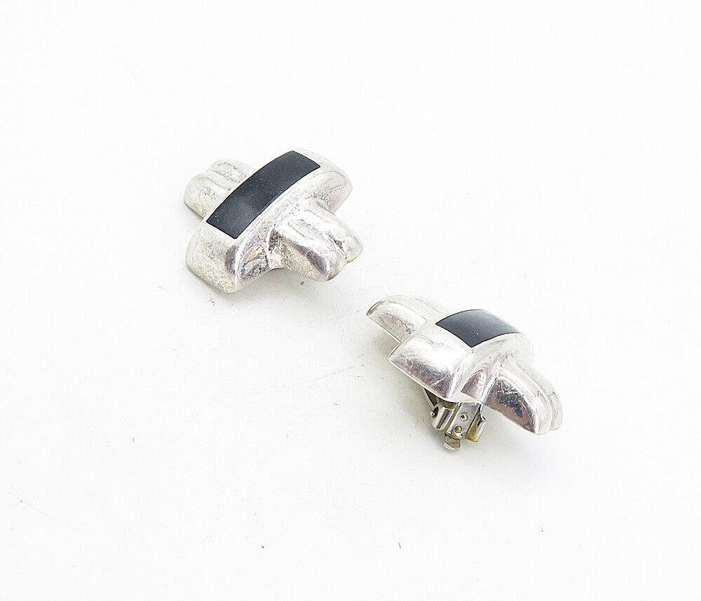 MEXICO 925 Silver  Vintage Black Onyx Crossed Non Pierce Earrings  EG4175