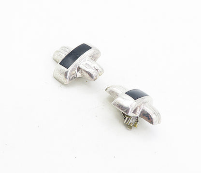 MEXICO 925 Silver  Vintage Black Onyx Crossed Non Pierce Earrings  EG4175