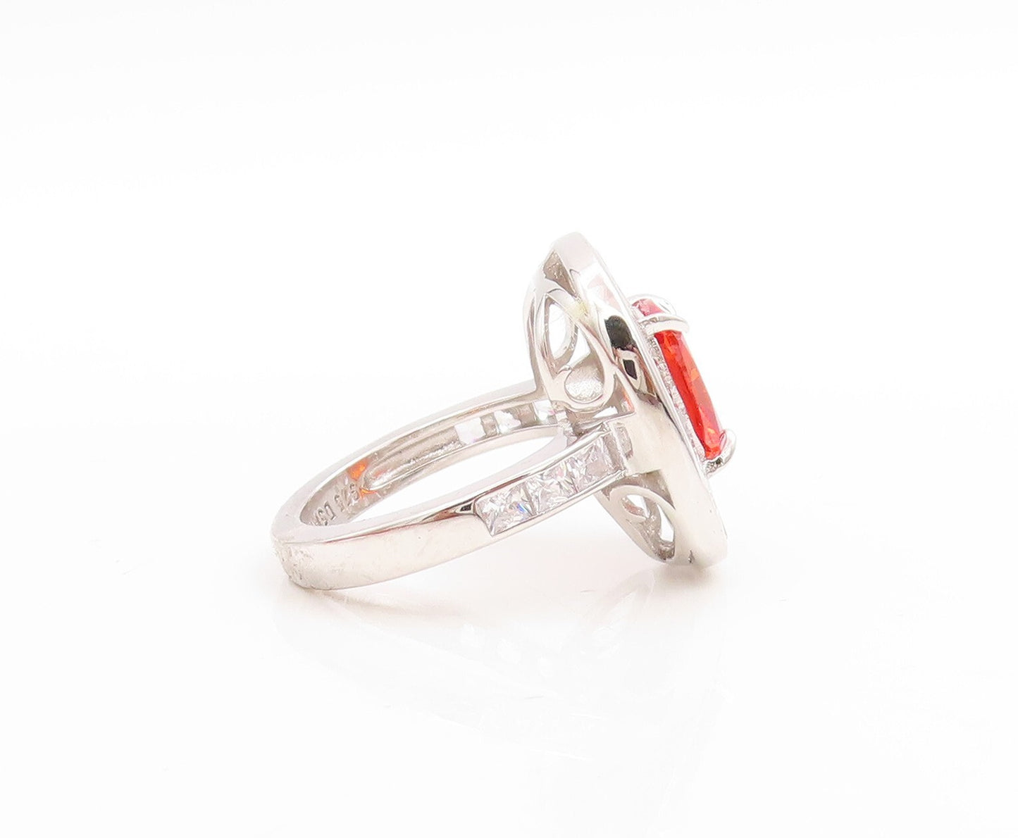 925 Sterling Silver Vintage Ring Rectangle Orange Halo White CZ Sz 7  RG30729