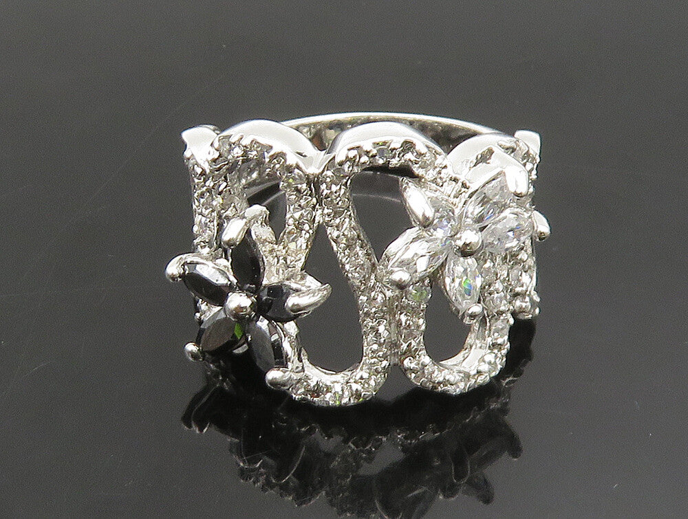 925 Silver  Vintage Cubic Zirconia & Spinel Floral Wavy Ring Sz 6.5  RG24500