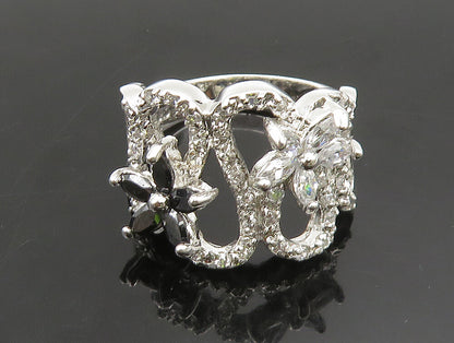 925 Silver  Vintage Cubic Zirconia & Spinel Floral Wavy Ring Sz 6.5  RG24500