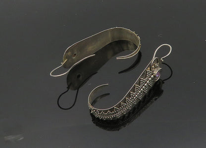 925 Sterling Silver  Vintage Amethyst Ornate Detail J Hoop Earrings  EG9997