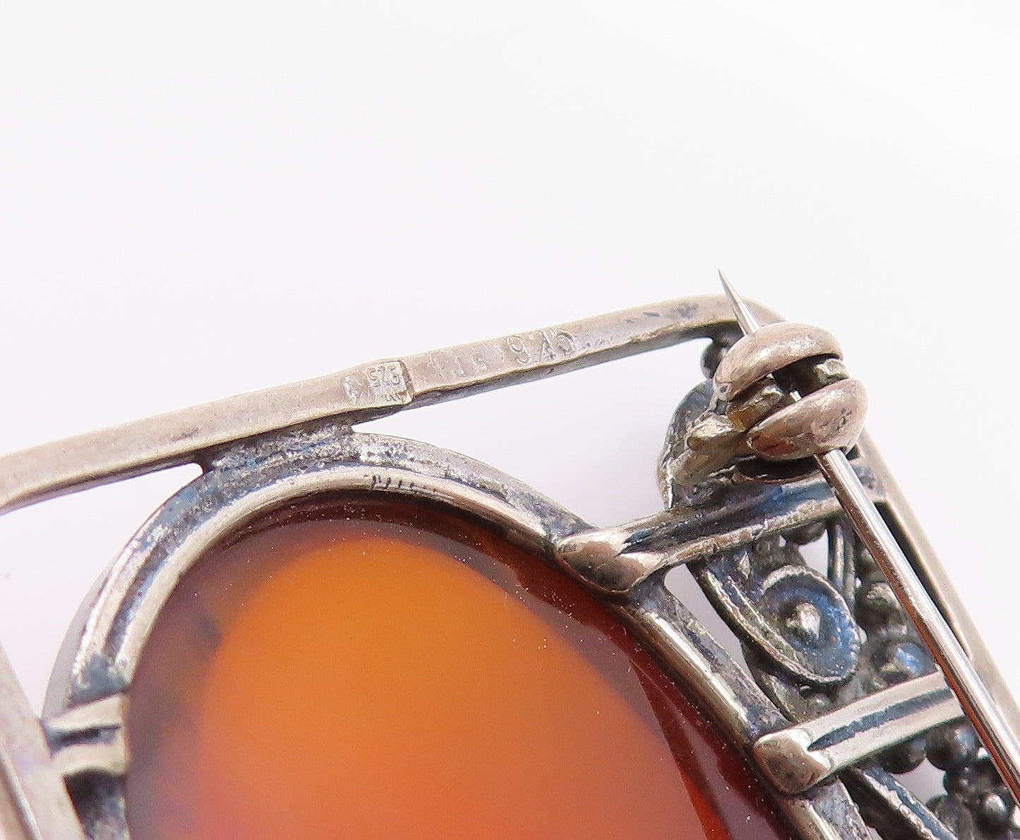 925 Sterling Silver Vintage Brooch POLAND Large Amber Swirly Cutout  BP11621