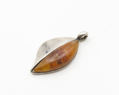 925 Sterling Silver  Vintage Amber Modernist Floral Leaf Pendant  PT14799