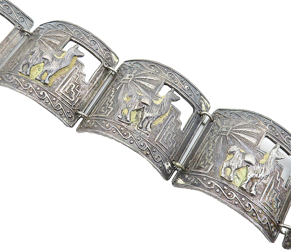 925 Sterling Silver  Vintage Antique Alpaca Scene Curved Chain Bracelet BT2394