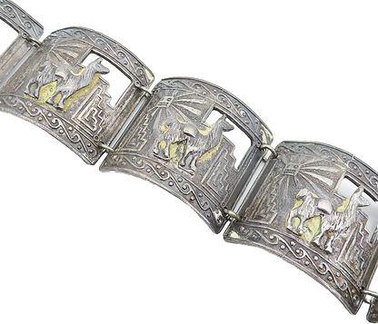 925 Sterling Silver  Vintage Antique Alpaca Scene Curved Chain Bracelet BT2394