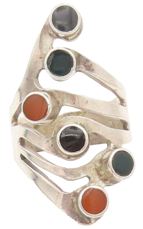 MEXICO 925 Silver  Vintage Multicolor Onyx Beaded Branch Cut Ring Sz 8 RG27068