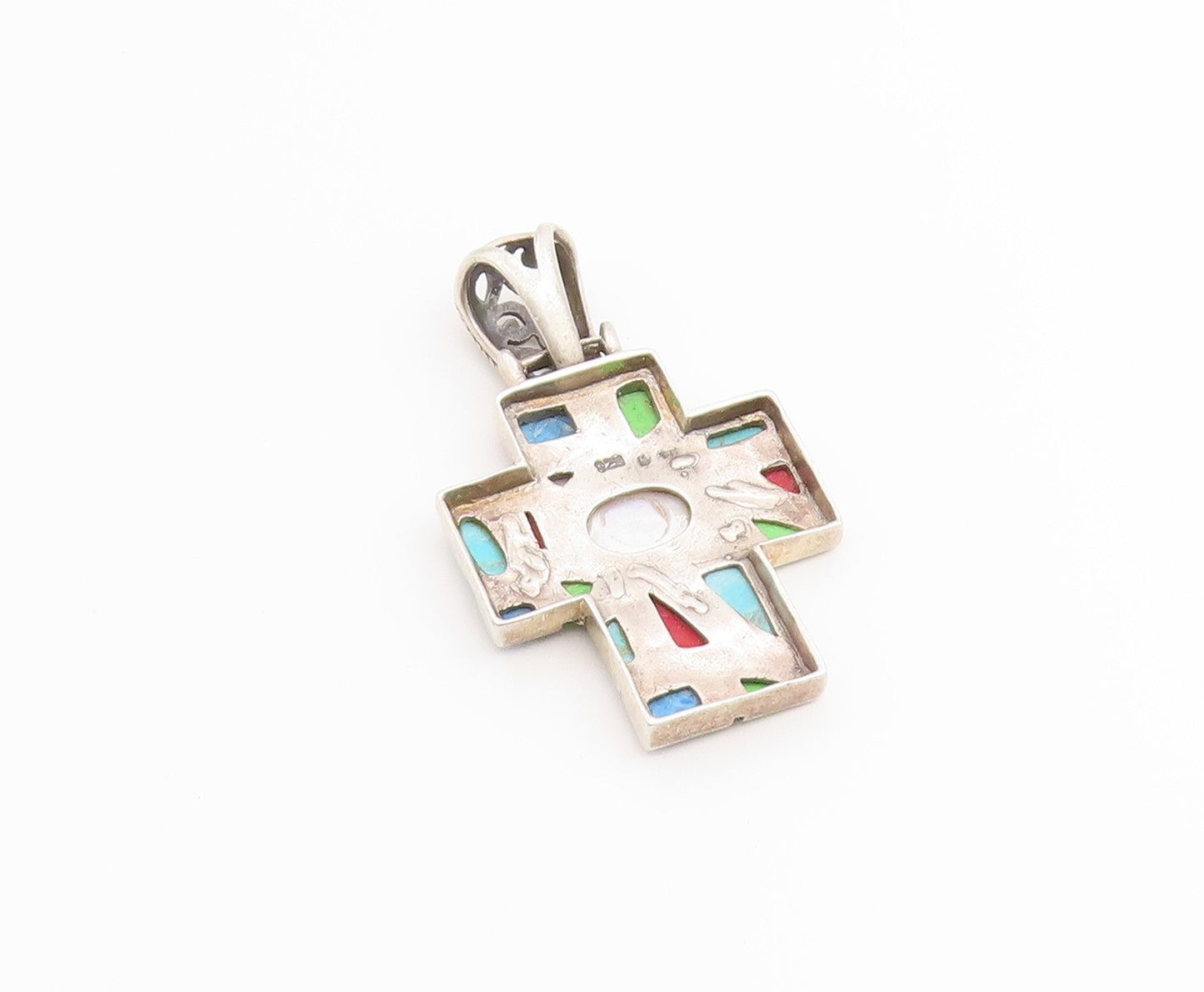 925 Sterling Silver Vintage Pendant Multi Gemstone Religious Cross  PT26534