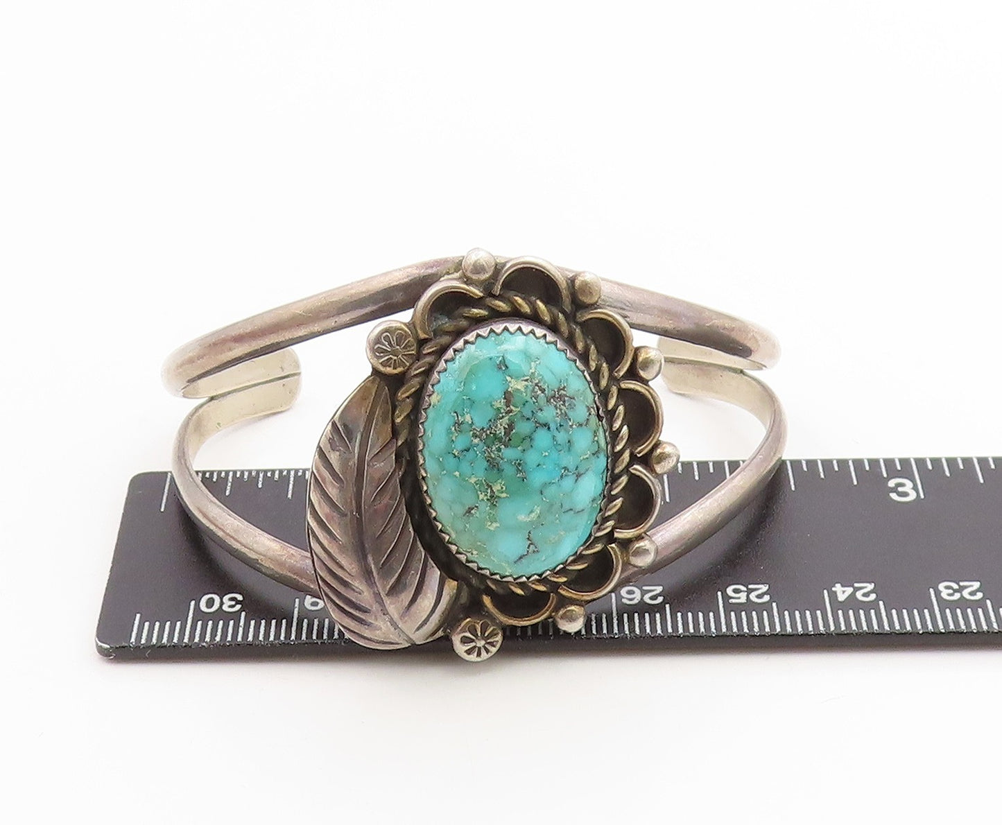 925 Sterling Silver Vintage Bracelet NAVAJO Turquoise Etched Leaf Cuff  BT12000