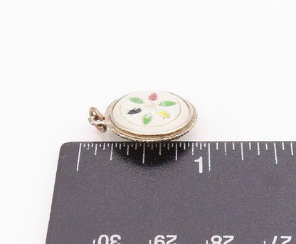 925 Sterling Silver Vintage Pendant 2 Side Enameled Flower & Peacock  PT24507