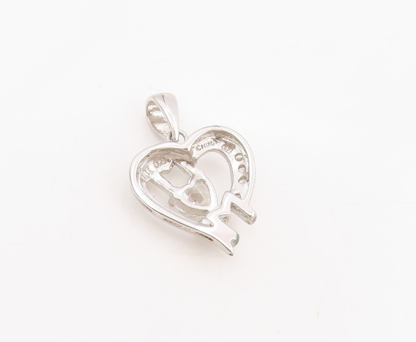 925 Sterling Silver Vintage Pendant Cubic Zirconia MOM Love Heart Charm  PT25527