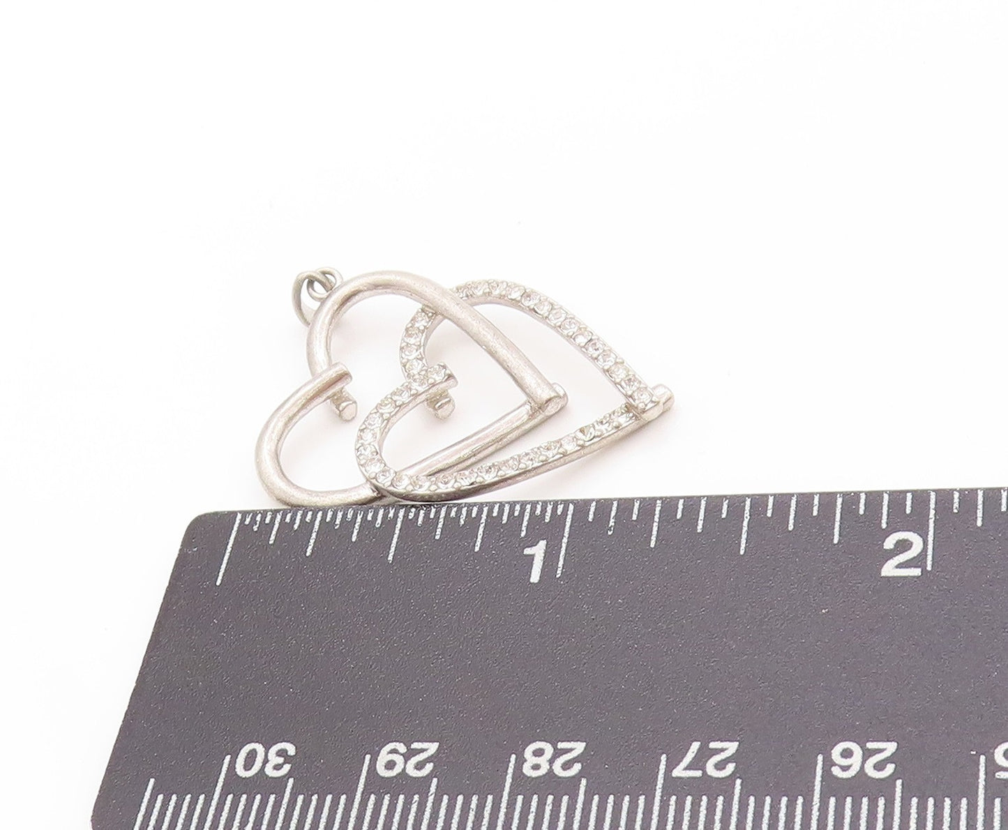 925 Sterling Silver Vintage Pendant Modernist CZ Inlay Double Hearts  PT24171