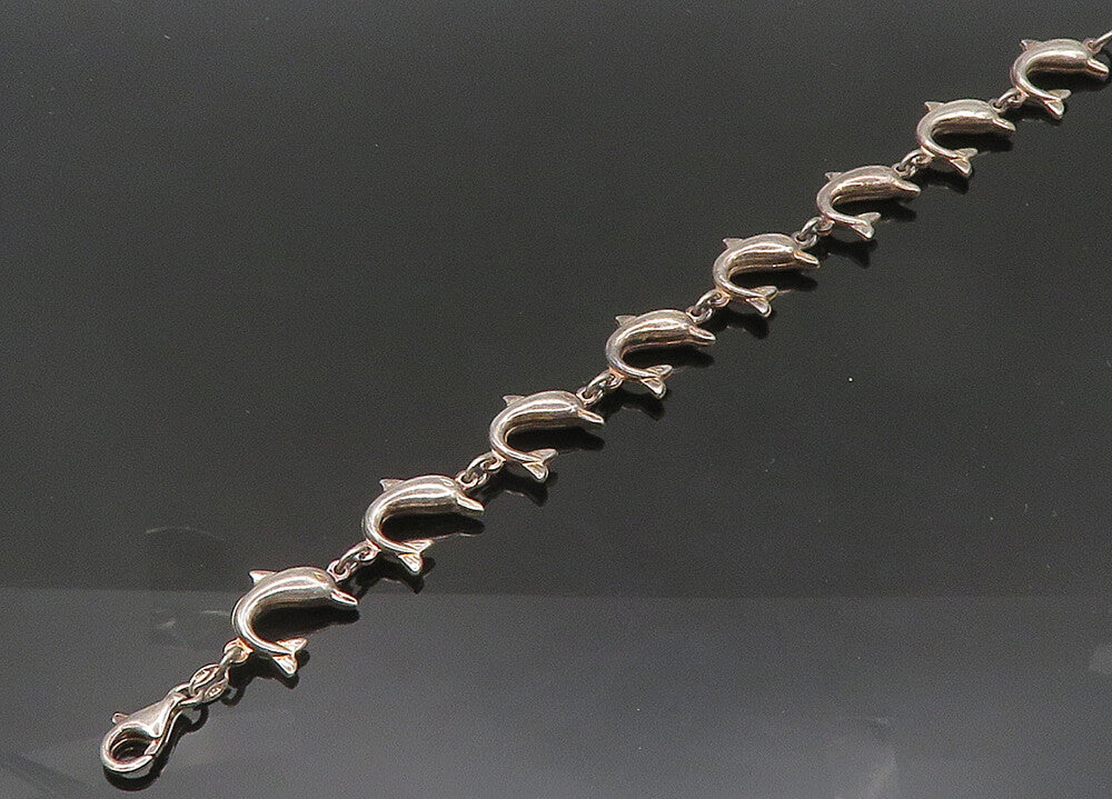 925 Sterling Silver  Vintage Dark Tone Dolphin Motif Chain Bracelet  BT8426