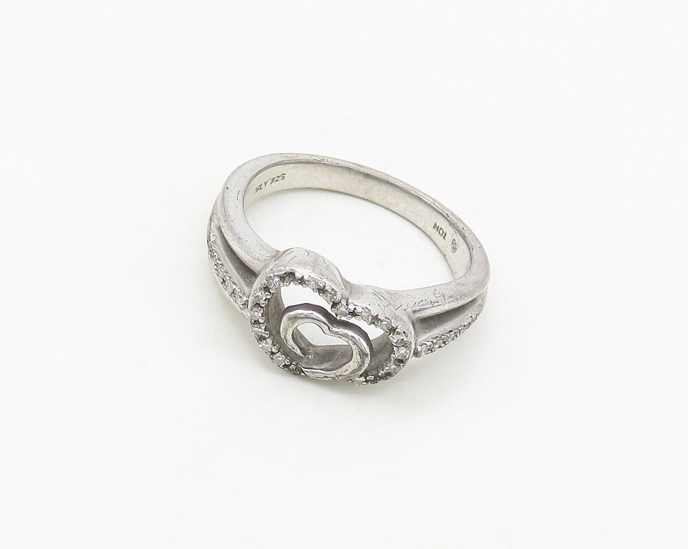 925 Sterling Silver  Vintage Genuine Diamonds Heart Band Ring Sz 7  RG18761