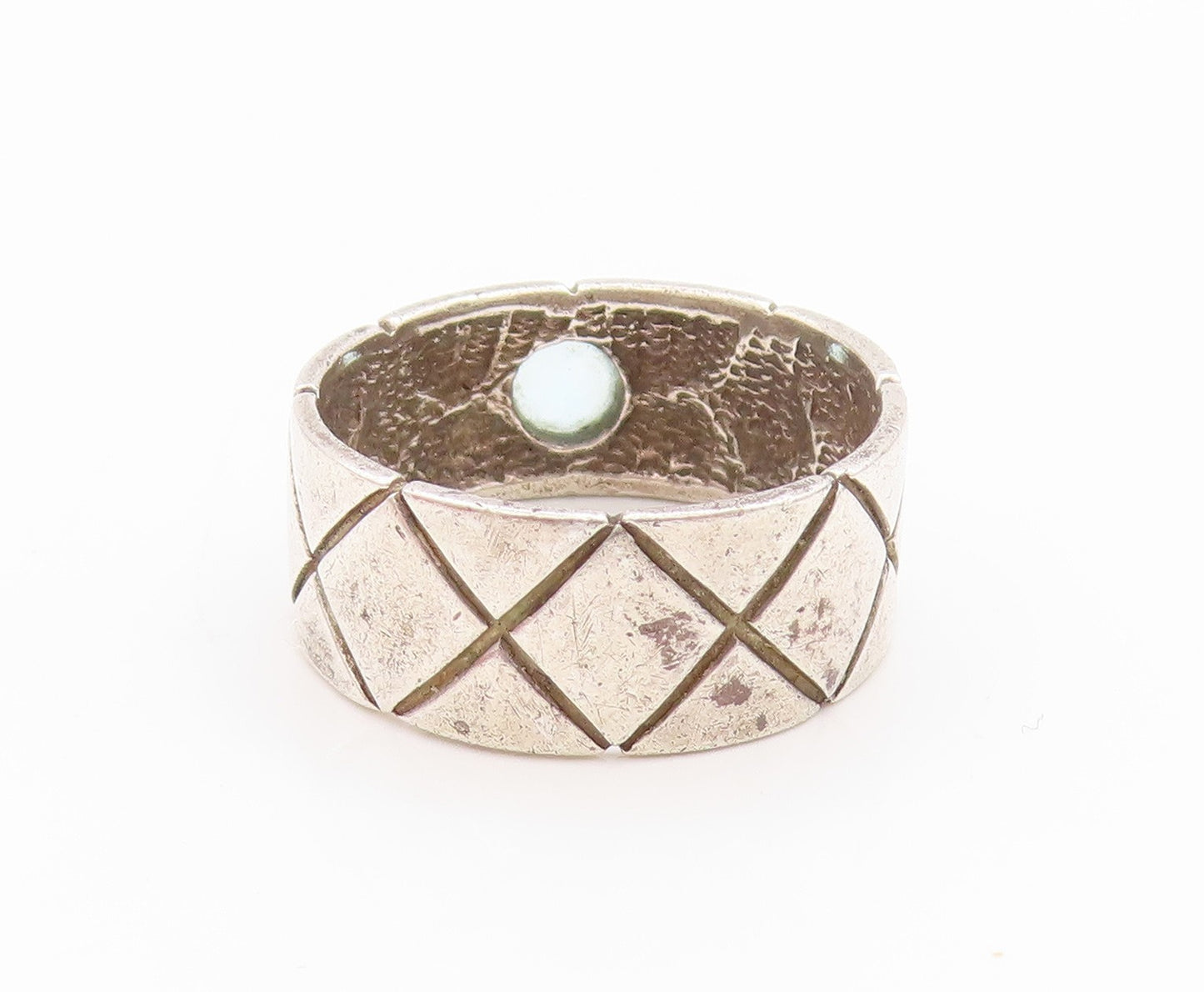 925 Sterling Silver Vintage Ring Topaz Quilted Raised Pattern Sz 7.5  RG33489