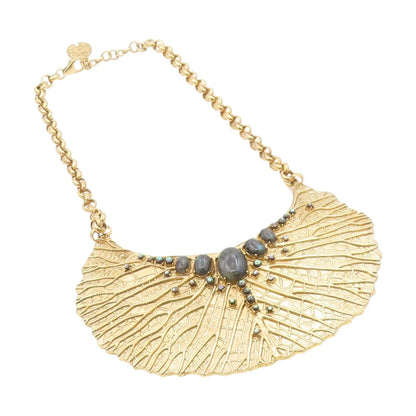 925 Sterling Silver Vintage Necklace Gold Plated Gemstone Textured Leaf  NE4696