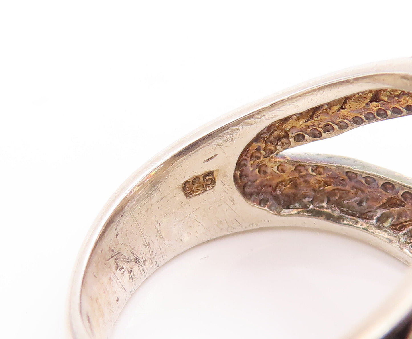 925 Sterling Silver Vintage Ring CZ Twisted Rope Carved Split Neck Sz 6  RG27747