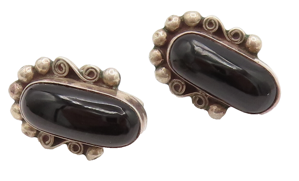 MEXICO 925 Sterling Silver Vintage Beads Swirls Onyx Screw Back Earrings EG12345