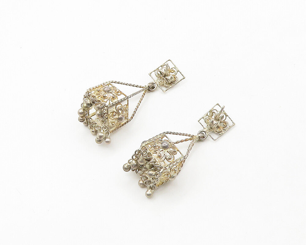 925 Sterling Silver  Vintage Shiny Floral Box Twist Dangle Earrings  EG9253