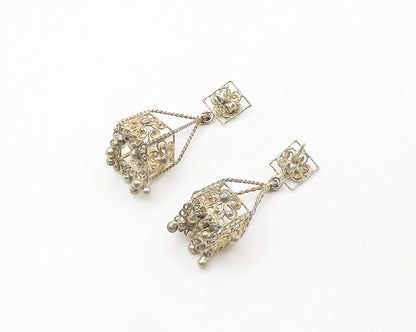 925 Sterling Silver  Vintage Shiny Floral Box Twist Dangle Earrings  EG9253