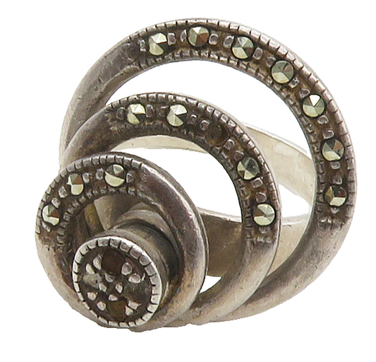 925 Sterling Silver  Vintage Modernist Marcasite Cocktail Ring Sz 6  RG15269
