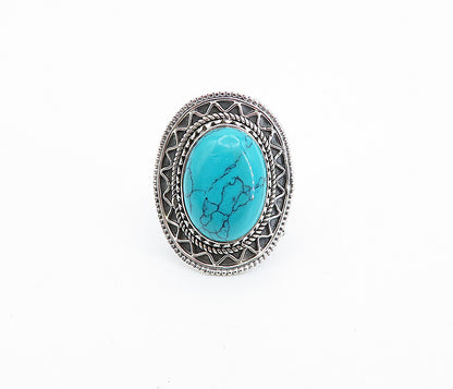 925 Sterling Silver  Turquoise Shiny Swirl Border Cocktail Ring Sz 7  RG7918