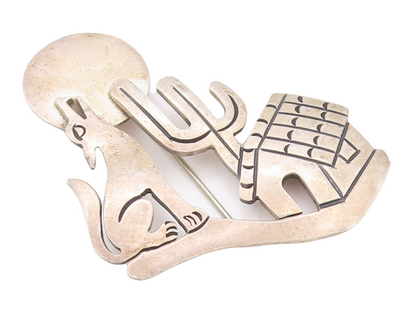 925 Sterling Silver Vintage Brooch Pin MEXICO Howling Wolf On Full Moon  BP11170