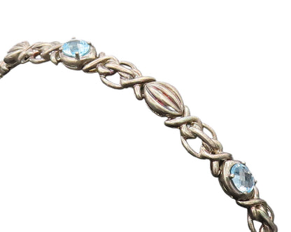 925 Sterling Silver Vintage Bracelet Blue Topaz Carved Knotted Link  BT10208