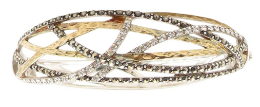14k Gold & 925 Sterling Silver Vintage Bracelet Marcasite & CZ Cuff  BT11763