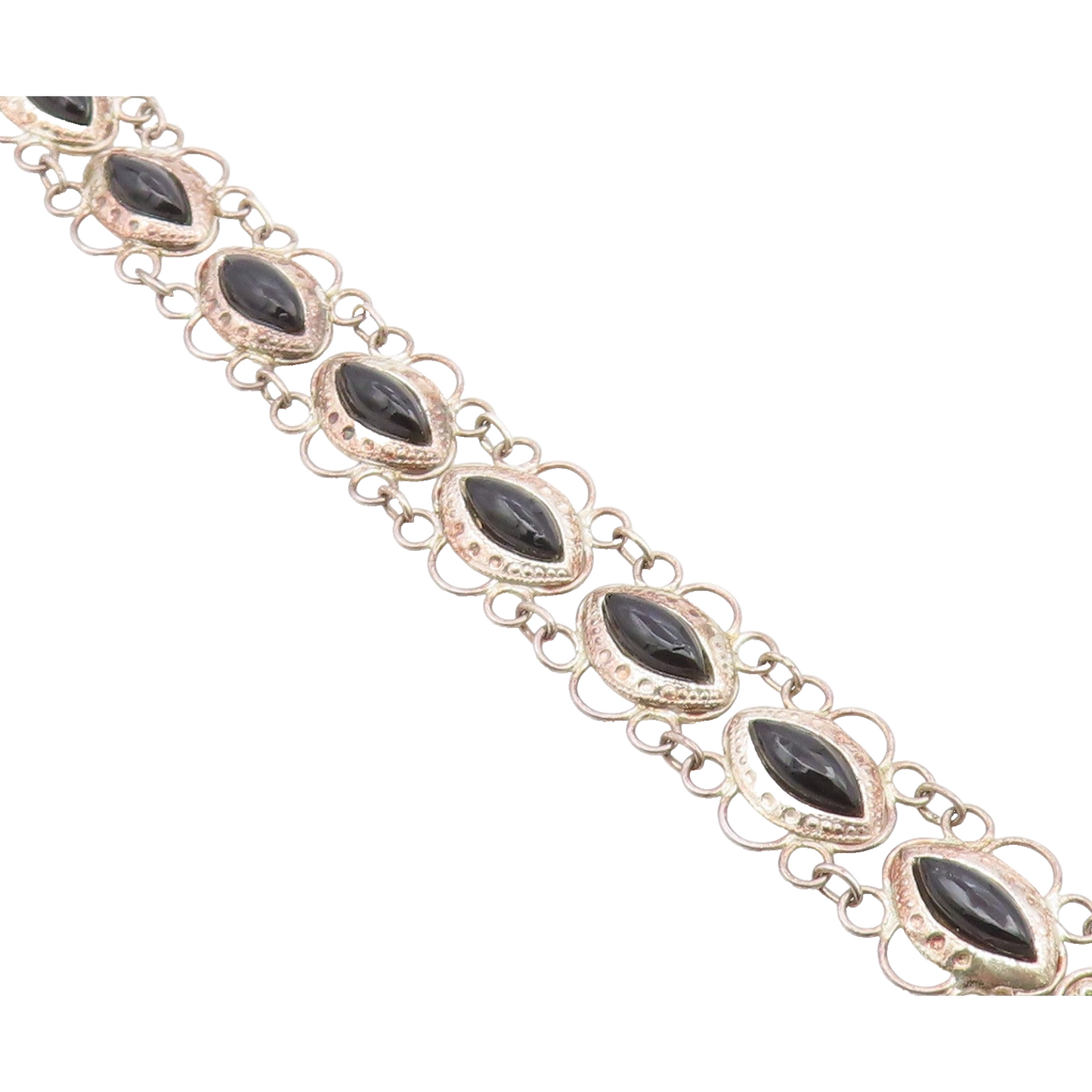 925 Silver  Vintage Open Circle Edge Marquise Black Onyx Chain Bracelet BT9559