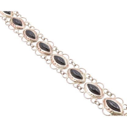925 Silver  Vintage Open Circle Edge Marquise Black Onyx Chain Bracelet BT9559