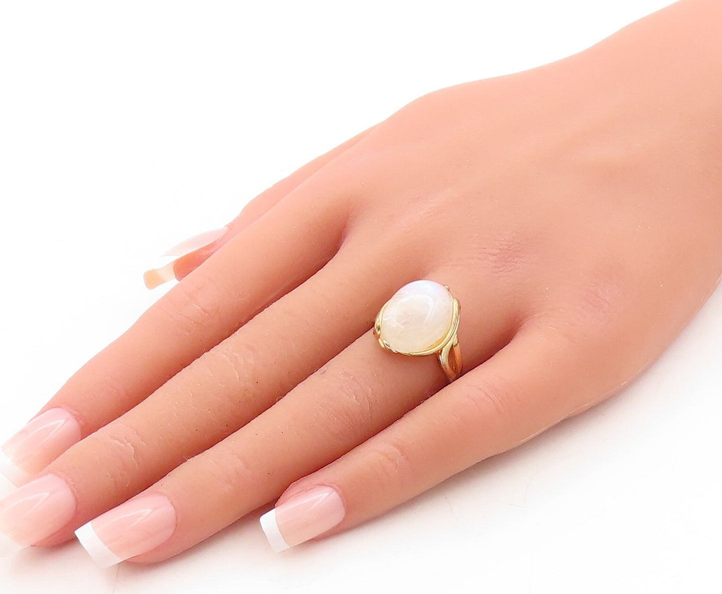 925 Sterling Silver Vintage Ring Gold Plated Oval Cabochon Gemstone Sz 7 RG31310
